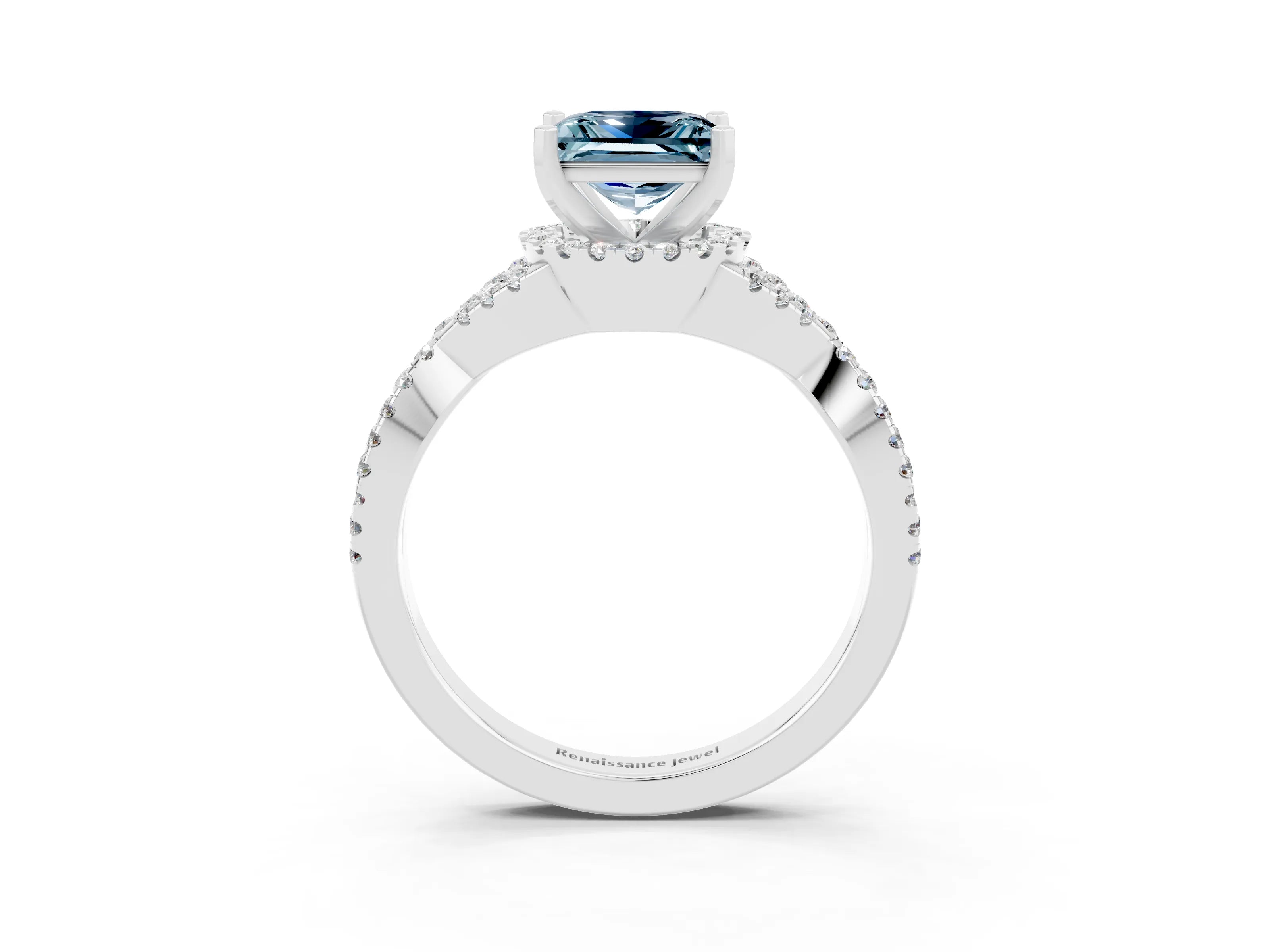 White gold Princess Cut Aquamarine Halo Twist Band Solitaire Prong Setting Ring_3