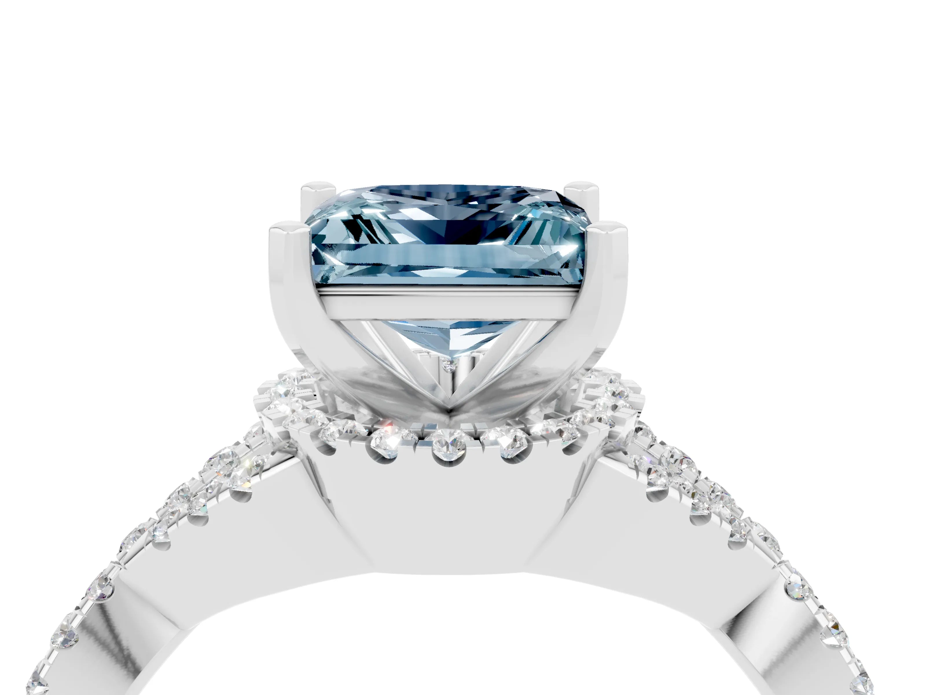 White gold Princess Cut Aquamarine Halo Twist Band Solitaire Prong Setting Ring_4
