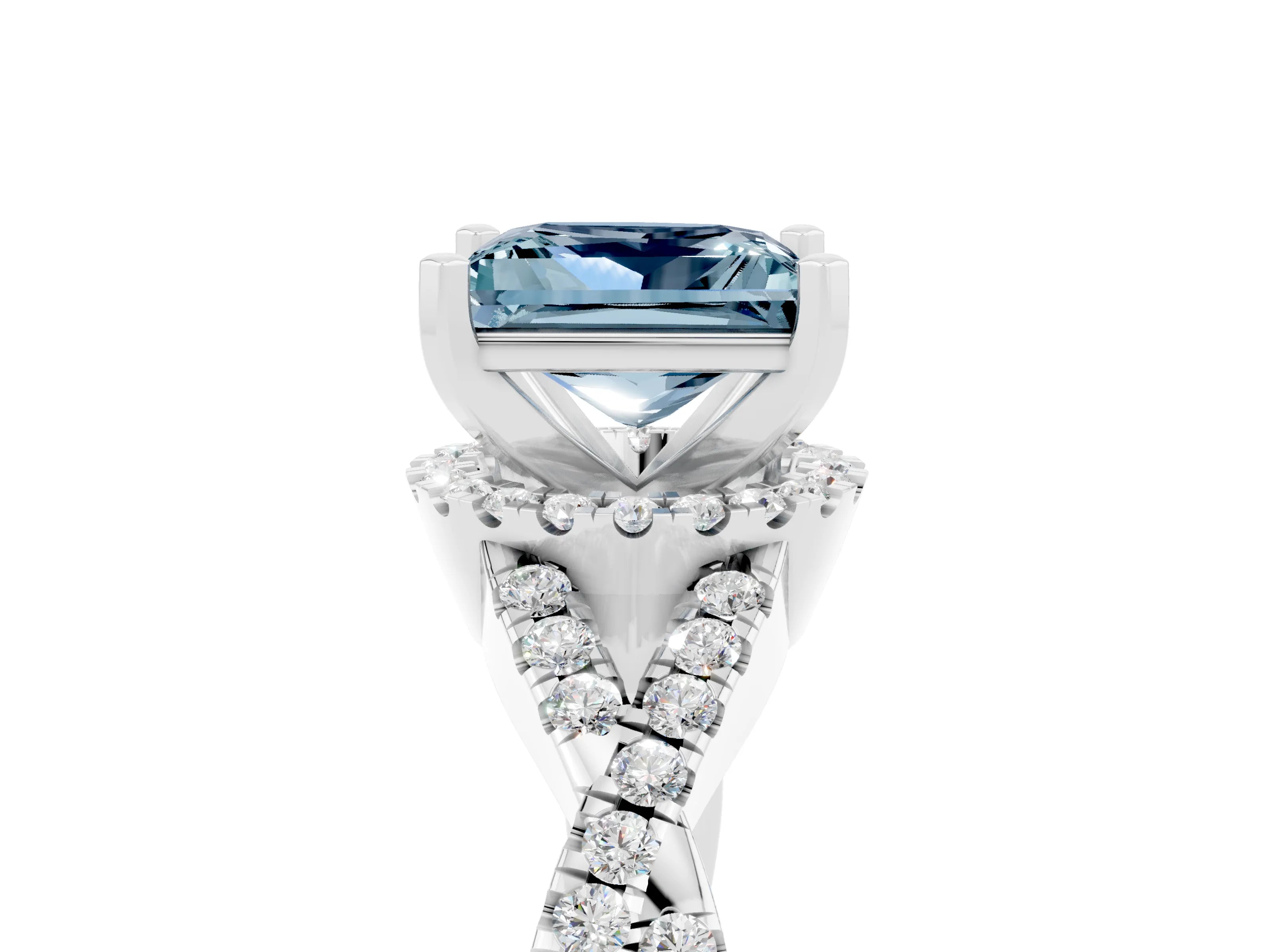 White gold Princess Cut Aquamarine Halo Twist Band Solitaire Prong Setting Ring_5