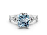 White gold Princess Cut Aquamarine  Halo Twist Band Solitaire Prong Setting Ring_54