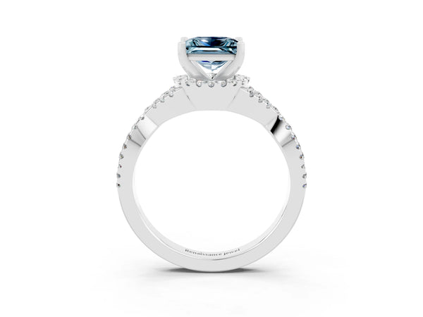 White gold Princess Cut Aquamarine  Halo Twist Band Solitaire Prong Setting Ring