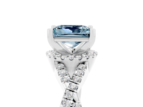 White gold Princess Cut Aquamarine Halo Twist Band Solitaire Prong Setting Ring_5