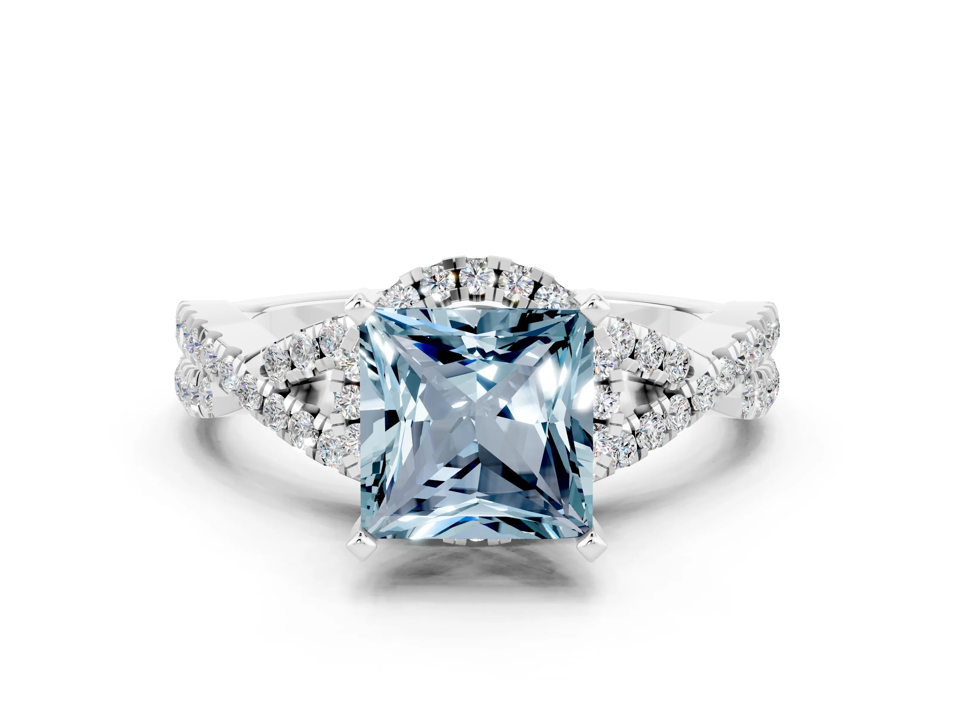 White gold Princess Cut Aquamarine Halo Twist Band Solitaire Prong Setting Ring