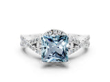 White gold Princess Cut Aquamarine Halo Twist Band Solitaire Prong Setting Ring