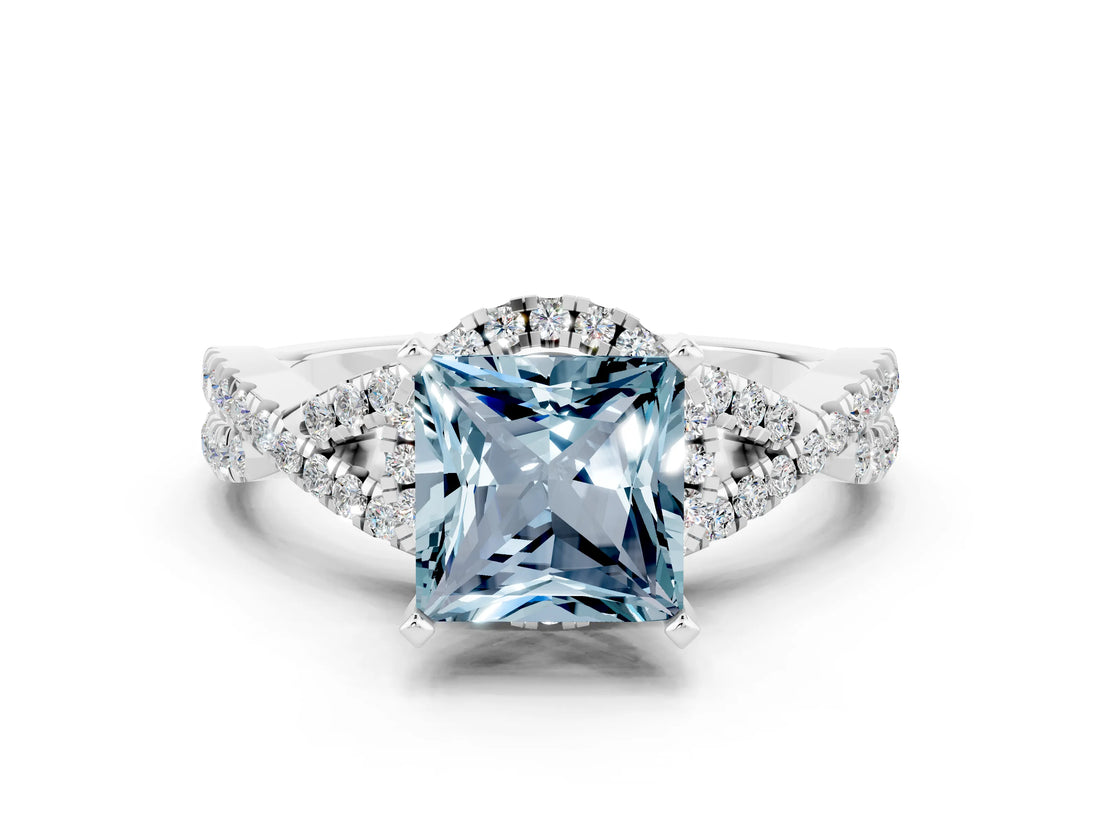 White gold Princess Cut Aquamarine Halo Twist Band Solitaire Prong Setting Ring