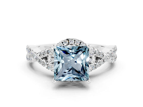 White gold Princess Cut Aquamarine Halo Twist Band Solitaire Prong Setting Ring