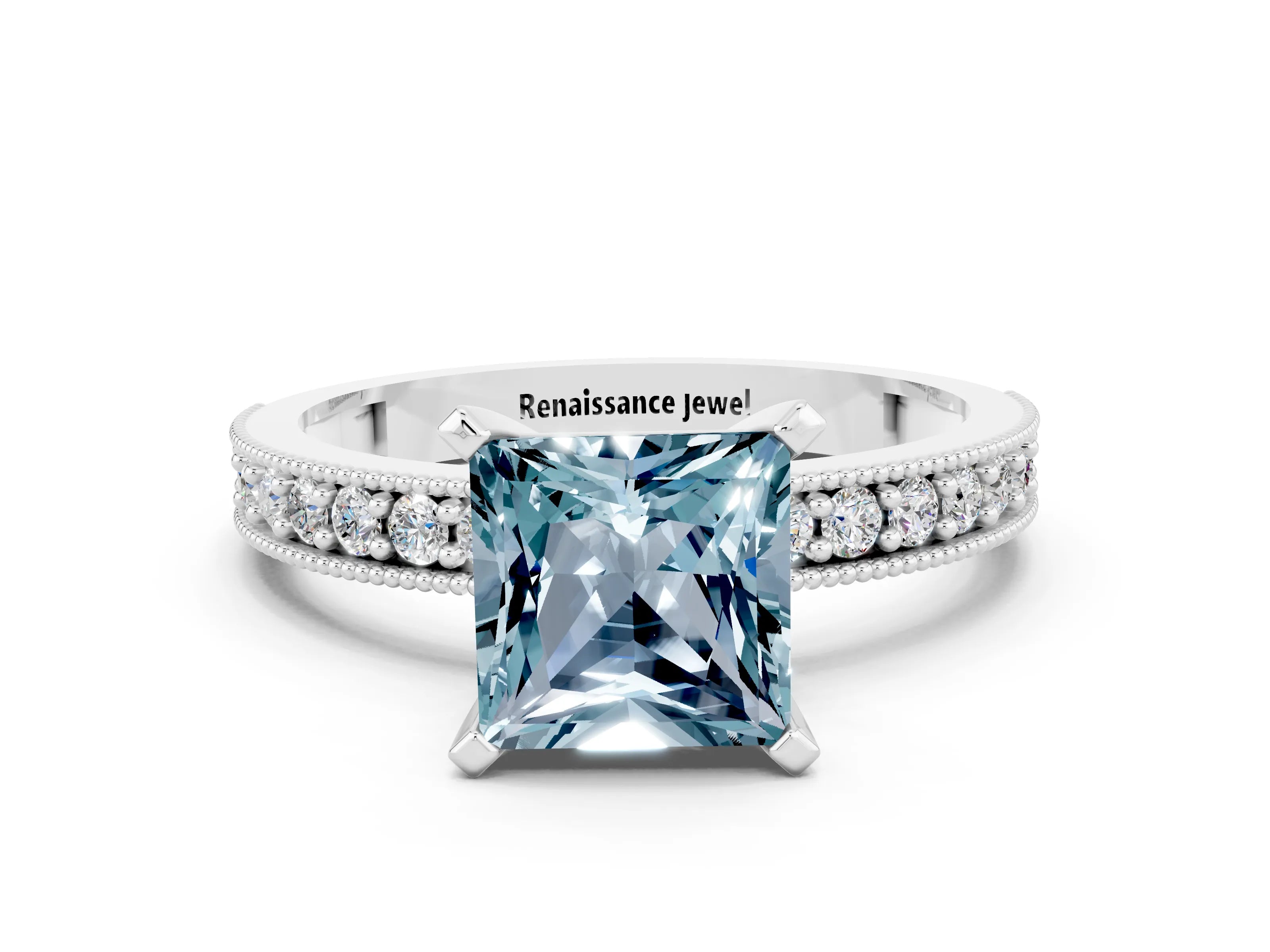 White gold Princess Cut Aquamarine Milgrain Pavé Engagement Ring with Four-Prong Setting_12
