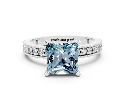 White gold Princess Cut Aquamarine Milgrain Pavé Engagement Ring with Four-Prong Setting_12
