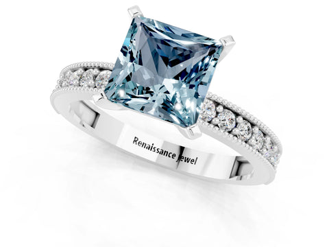 White gold Princess Cut Aquamarine Milgrain Pavé Engagement Ring with Four-Prong Setting_13
