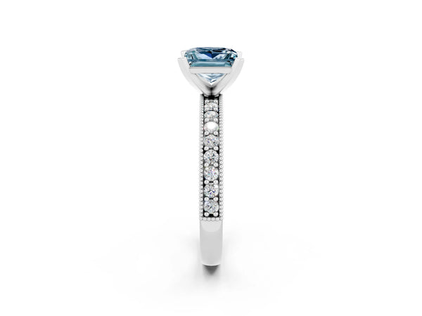Platinum Princess Cut Aquamarine Milgrain Pavé Engagement Ring with Four-Prong Setting