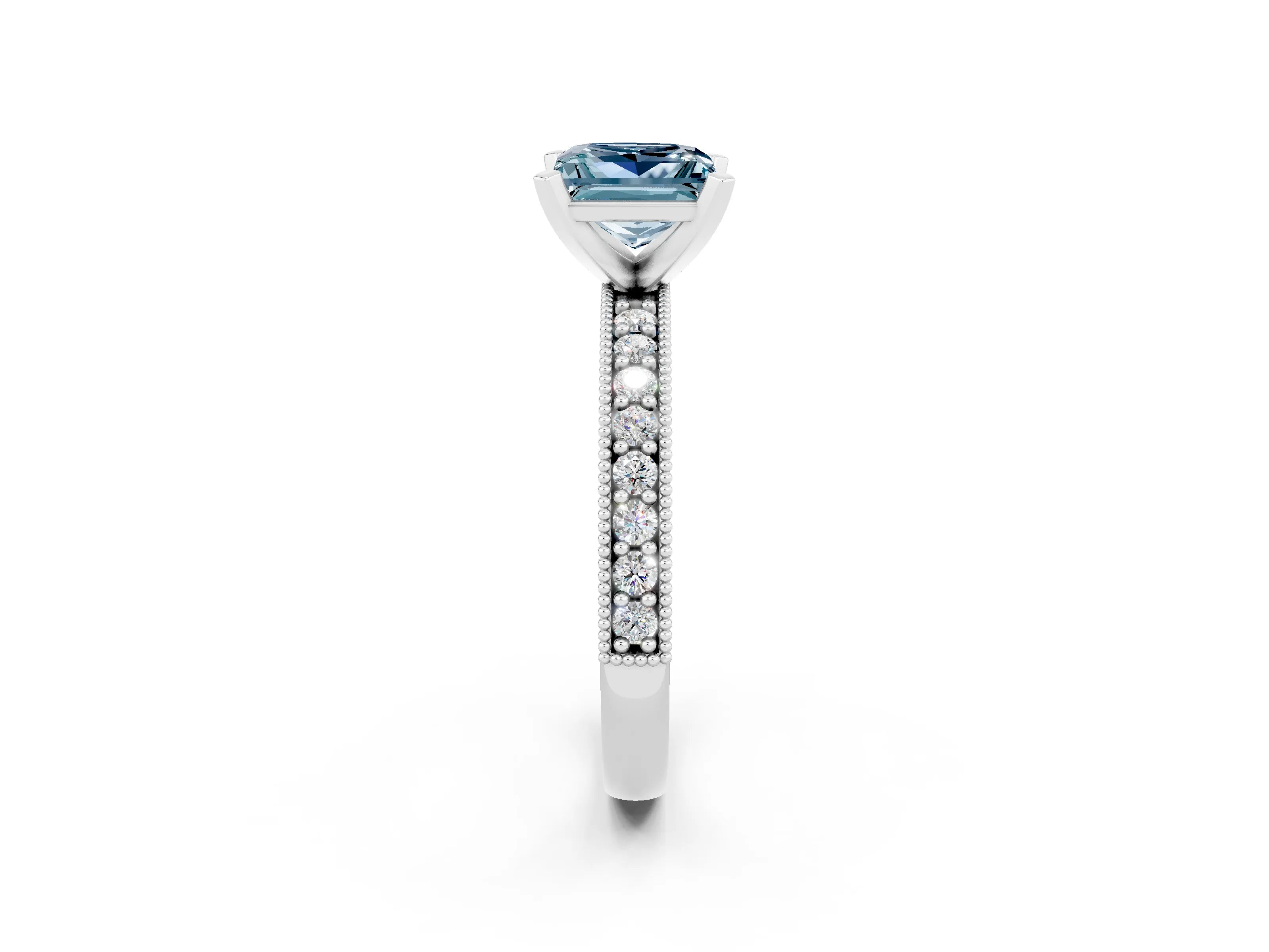 White gold Princess Cut Aquamarine Milgrain Pavé Engagement Ring with Four-Prong Setting_14