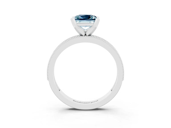 Platinum Princess Cut Aquamarine Milgrain Pavé Engagement Ring with Four-Prong Setting