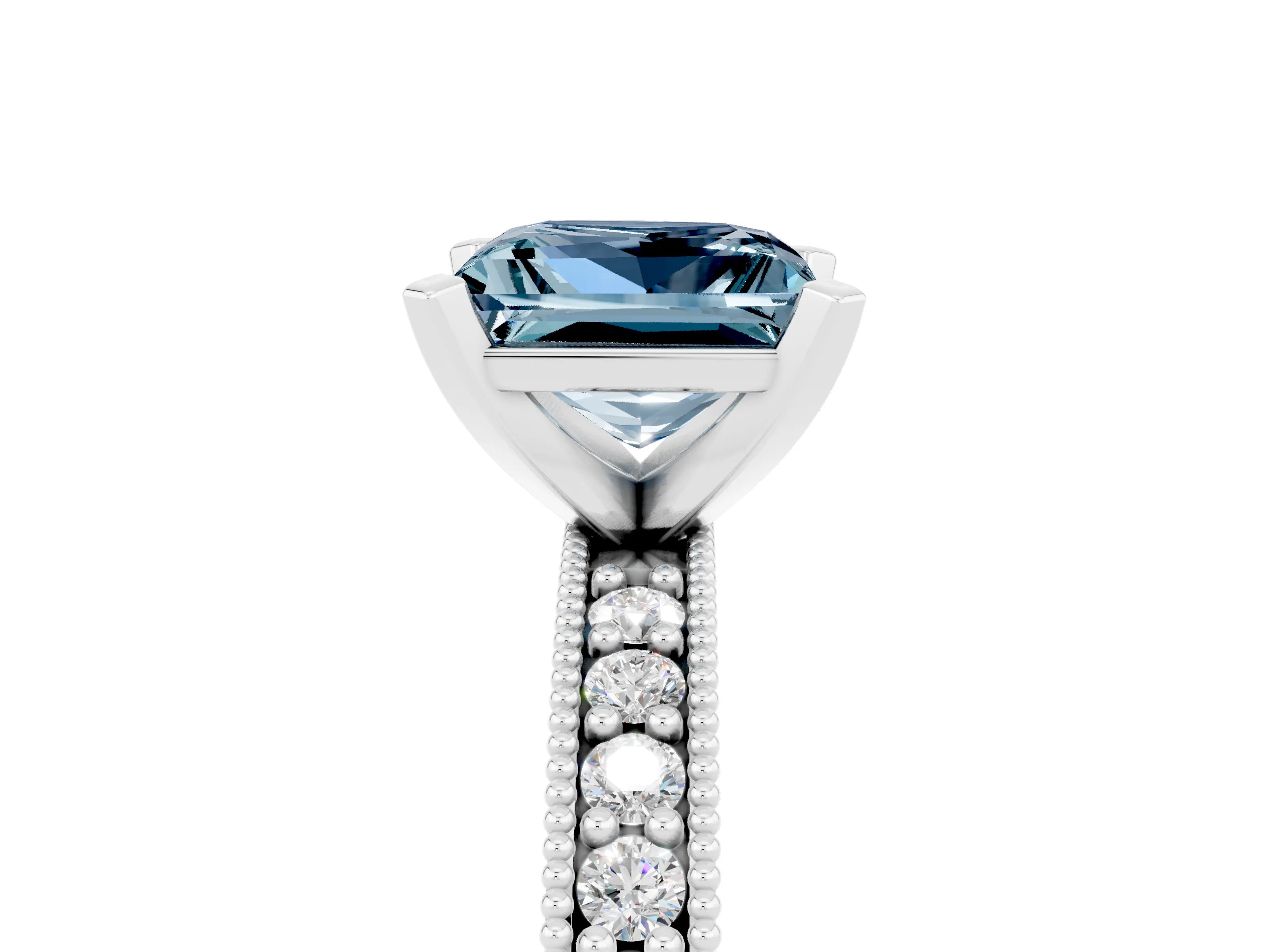 White gold Princess Cut Aquamarine Milgrain Pavé Engagement Ring with Four-Prong Setting_17