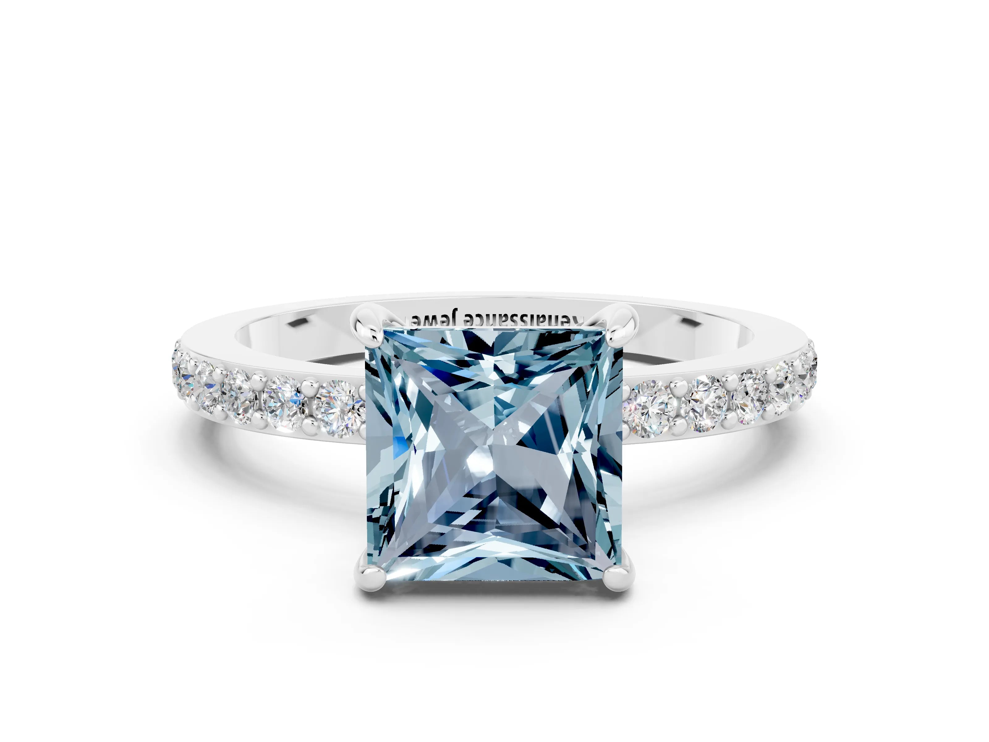 White gold Princess Cut Aquamarine Pavé Engagement Ring with Round  Accents and Prong Setting_24