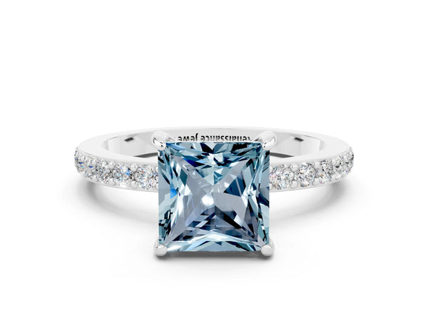 Silver Princess Cut Aquamarine Pavé Engagement Ring with Round  Accents and Prong Setting
