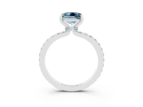 Silver Princess Cut Aquamarine Pavé Engagement Ring with Round  Accents and Prong Setting