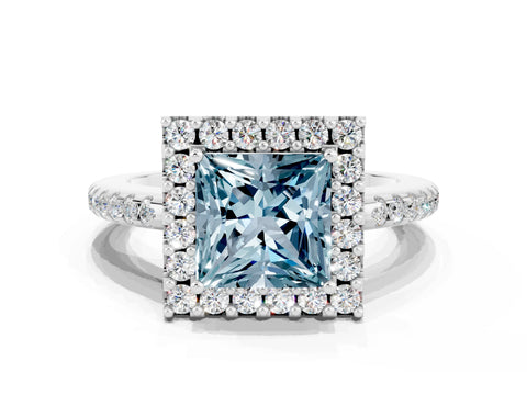 White gold Princess Cut Aquamarine Pavé Halo Ring with Four-Prong Setting_12