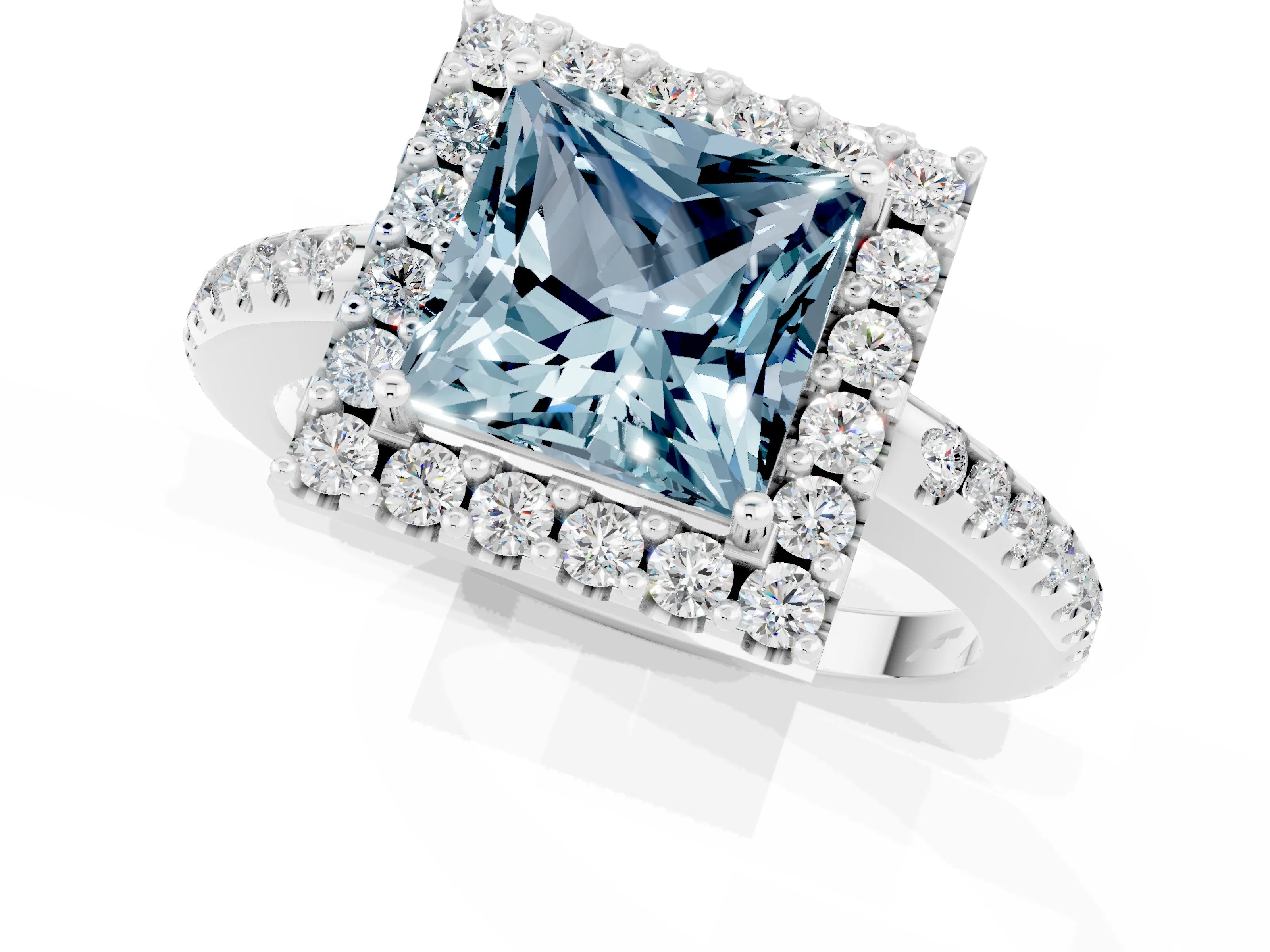 White gold Princess Cut Aquamarine Pavé Halo Ring with Four-Prong Setting_13