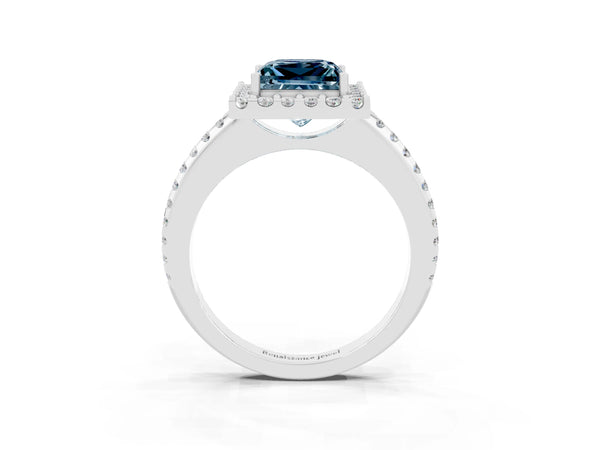 Platinum Princess Cut Aquamarine Pavé Halo Ring with Four-Prong Setting