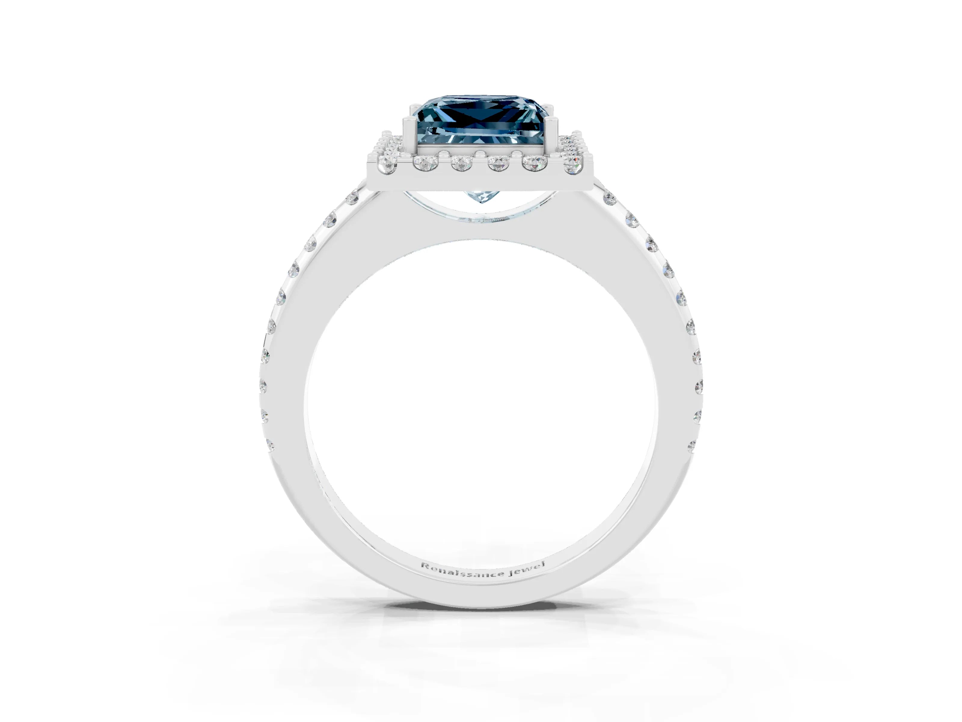 White gold Princess Cut Aquamarine Pavé Halo Ring with Four-Prong Setting_15
