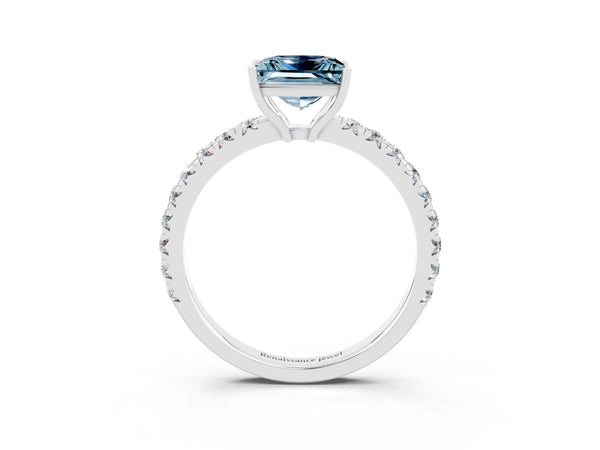 Silver Princess Cut Aquamarine Pavé Solitaire Engagement Ring with Four-Prong Setting