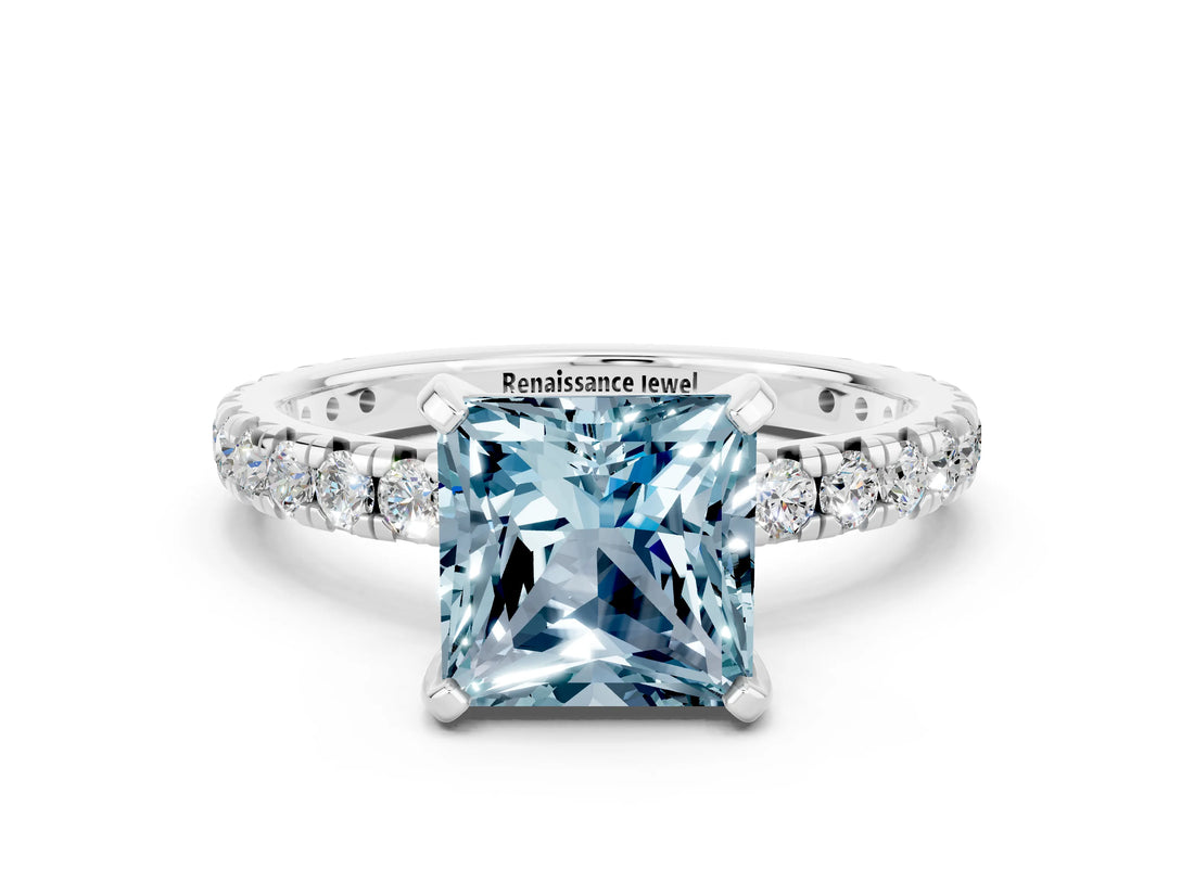 White gold Princess Cut Aquamarine Pavé Solitaire Ring with Round Band and Prong Setting_36