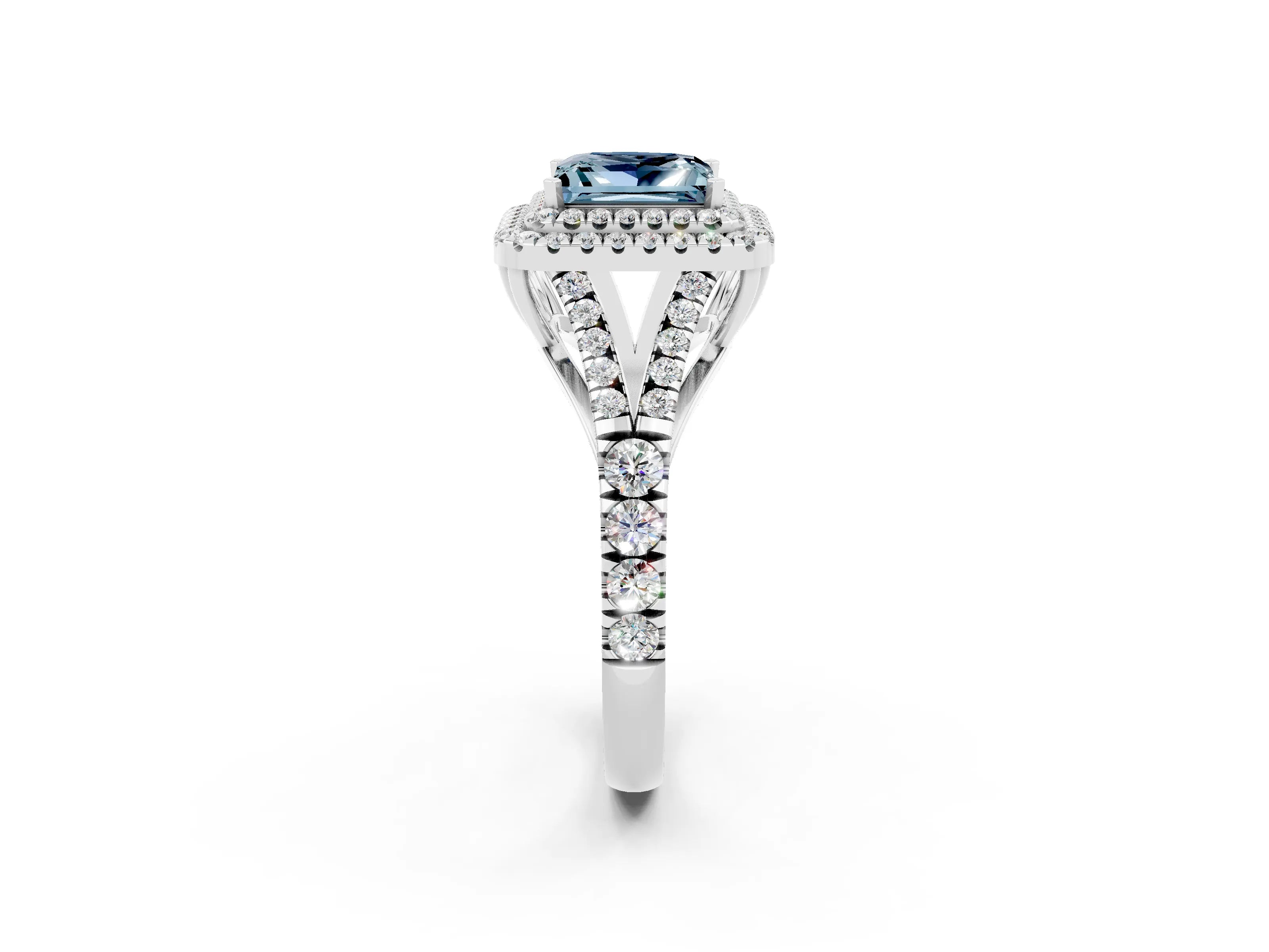 White gold Princess Cut Aquamarine Pavé Split Shank Double Halo Engagement Ring_2