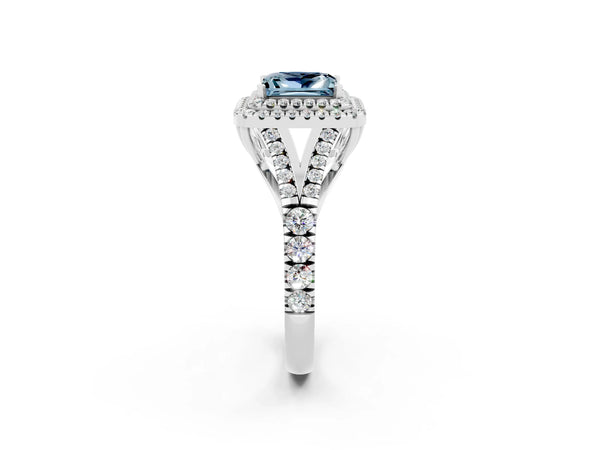 Platinum Princess Cut Aquamarine Pavé Split Shank Double Halo Engagement Ring