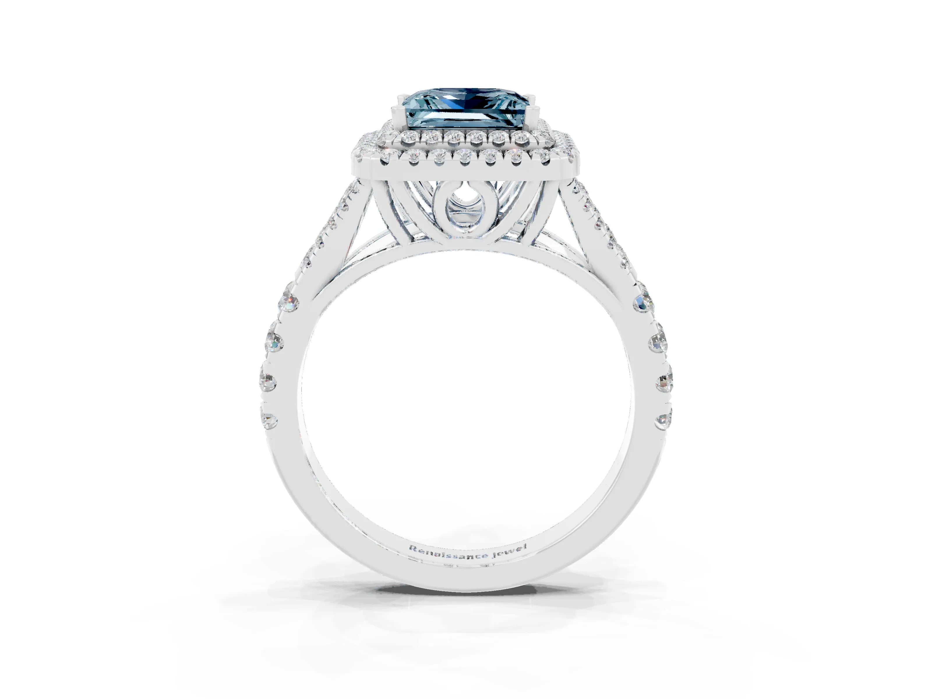 White gold Princess Cut Aquamarine Pavé Split Shank Double Halo Engagement Ring_3