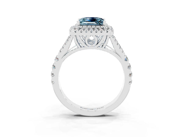 White gold Princess Cut Aquamarine Pavé Split Shank Double Halo Engagement Ring