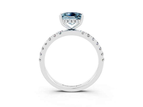 White gold Princess Cut Aquamarine Pave Band Solitaire Ring with Round  and Prong Setting