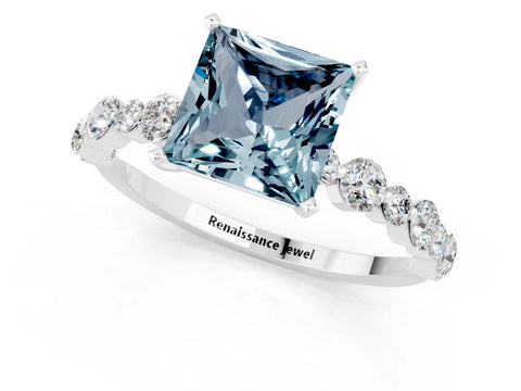 White gold Princess Cut Aquamarine Prong Set Engagement Ring with Pavé Band_1