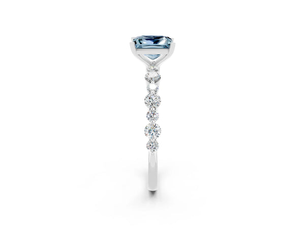 Platinum Princess Cut Aquamarine Prong Set Engagement Ring with Pavé Band