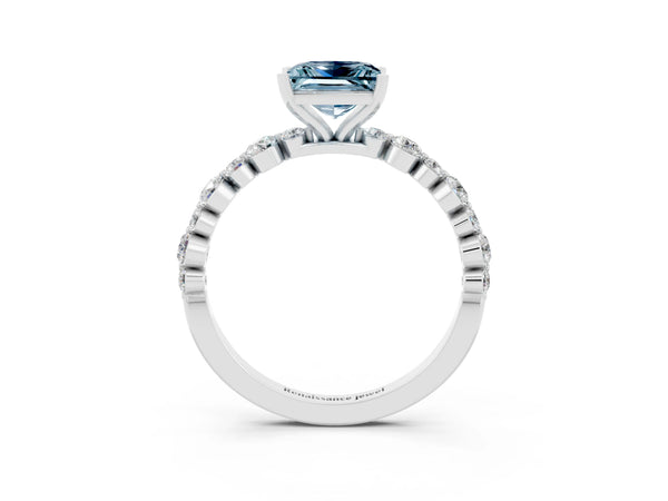 White gold Princess Cut Aquamarine Prong Set Engagement Ring with Pavé Band