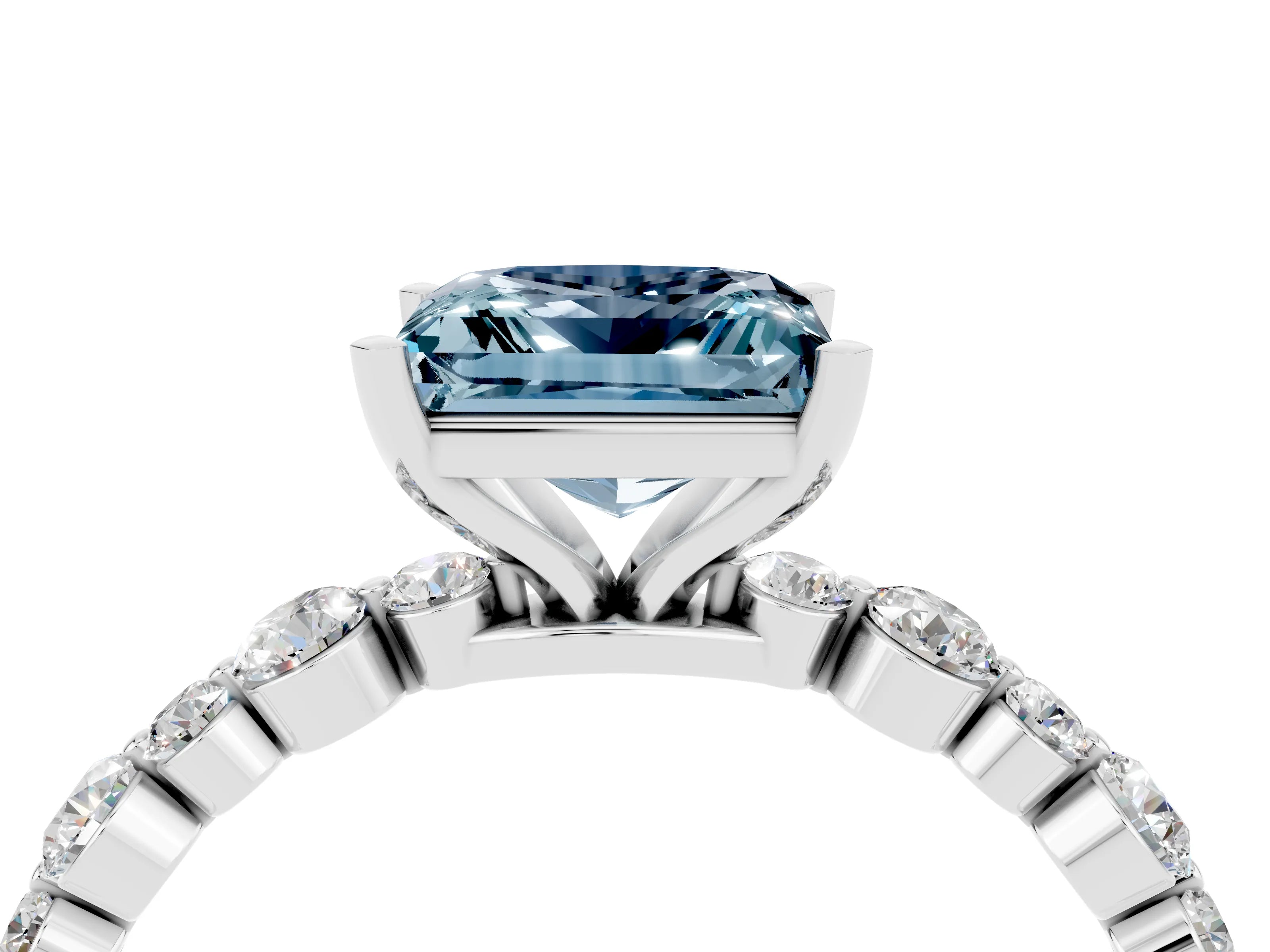 White gold Princess Cut Aquamarine Prong Set Engagement Ring with Pavé Band_4