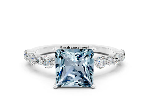 White gold Princess Cut Aquamarine Prong Set Engagement Ring with Pavé Band