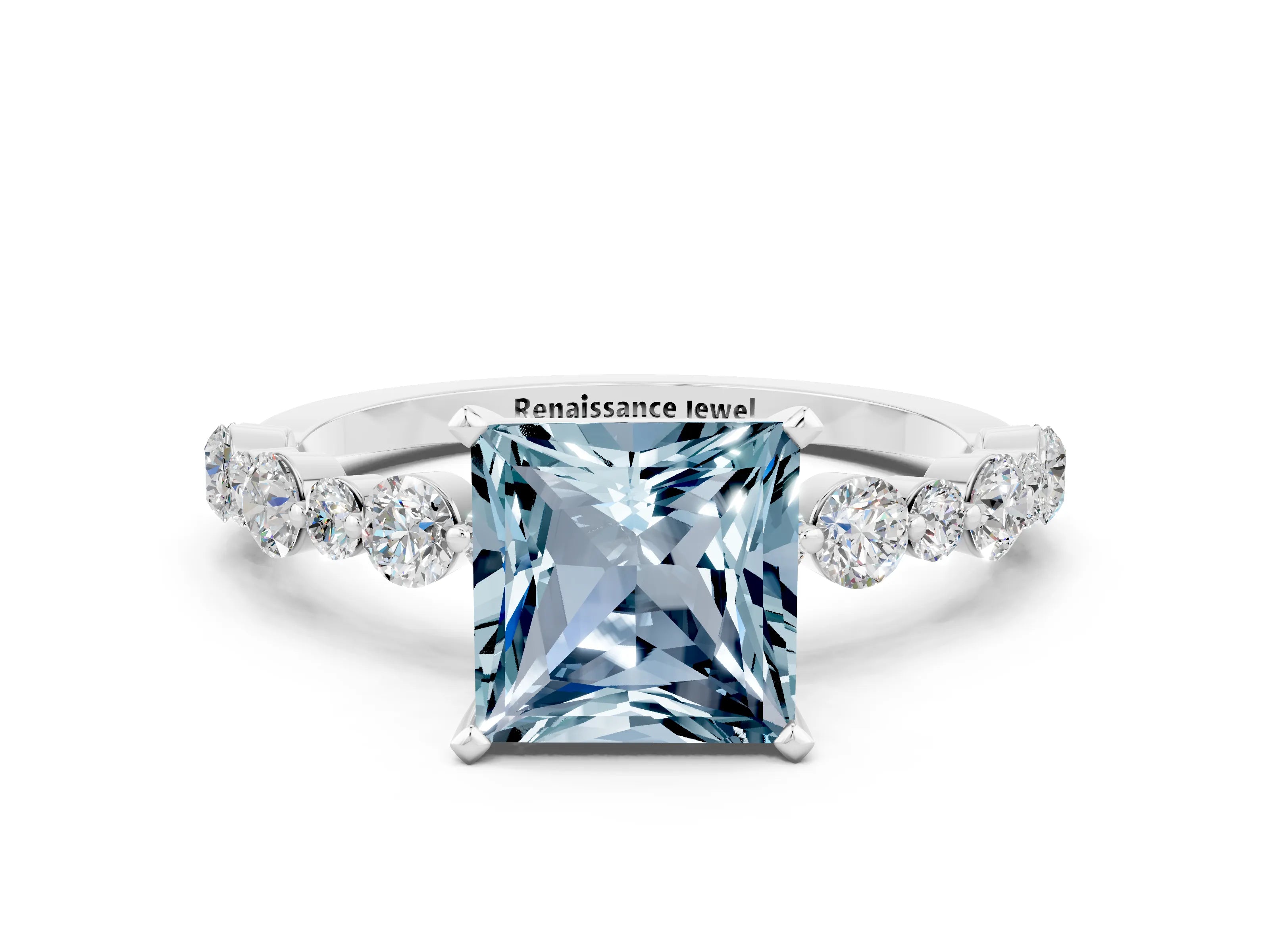 White gold Princess Cut Aquamarine Prong Set Engagement Ring with Pavé Band
