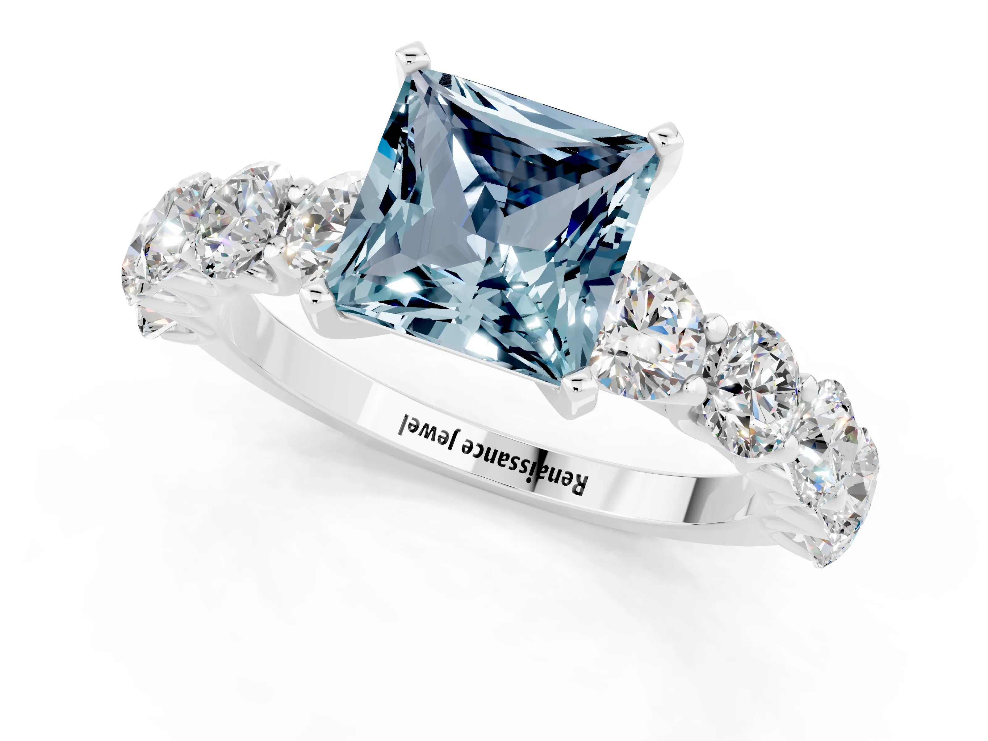 White gold Princess Cut Aquamarine Prong Setting with Side Stones on a Pave Band_1