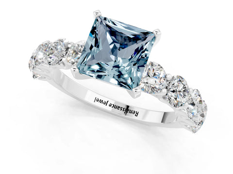 White gold Princess Cut Aquamarine Prong Setting with Side Stones on a Pave Band_1