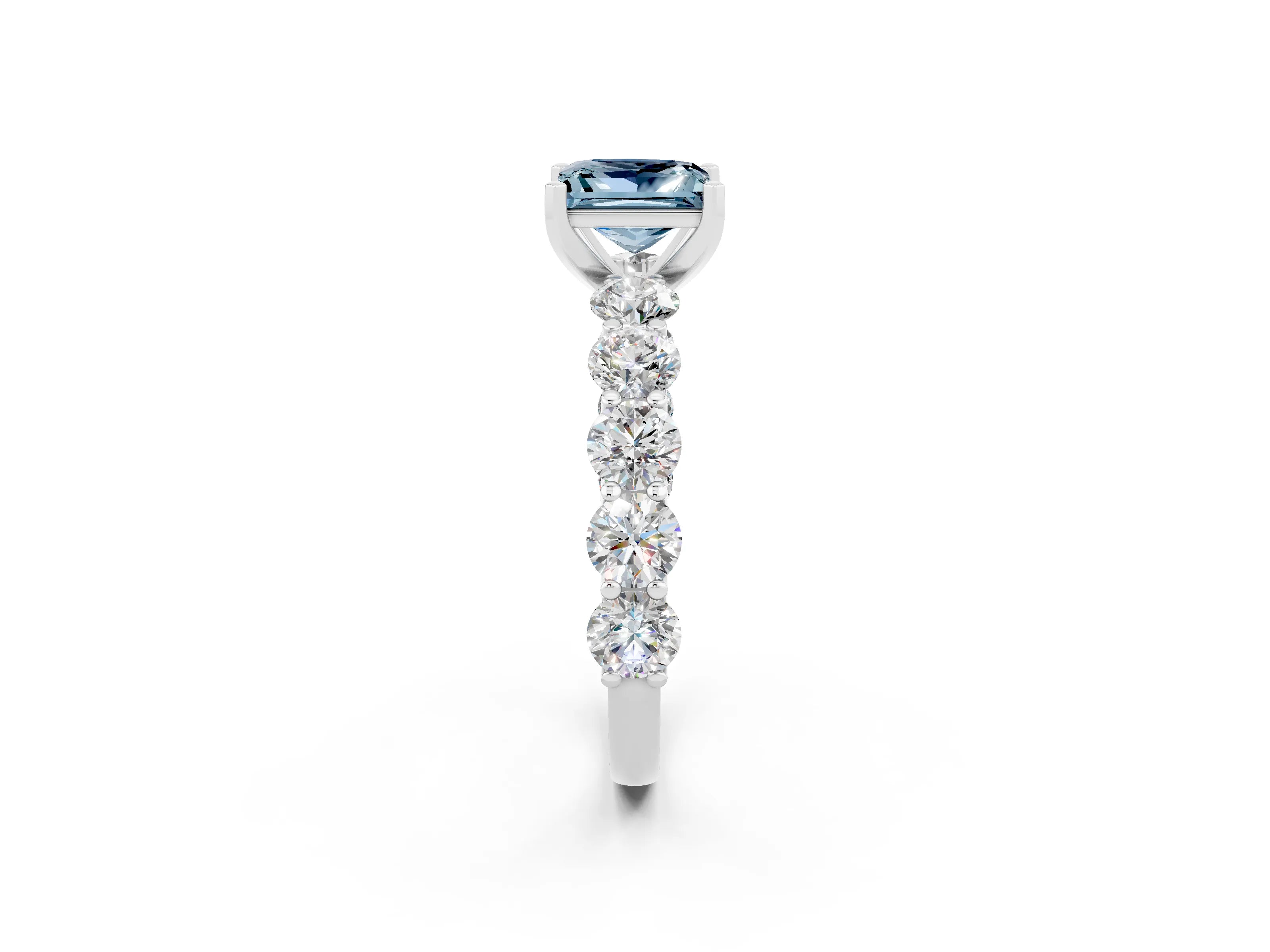 White gold Princess Cut Aquamarine Prong Setting with Side Stones on a Pave Band_2