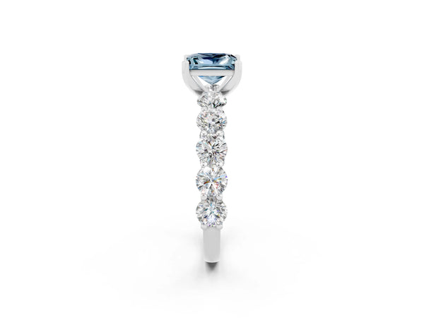 Silver Princess Cut Aquamarine Prong Setting with Side Stones on a Pave Band