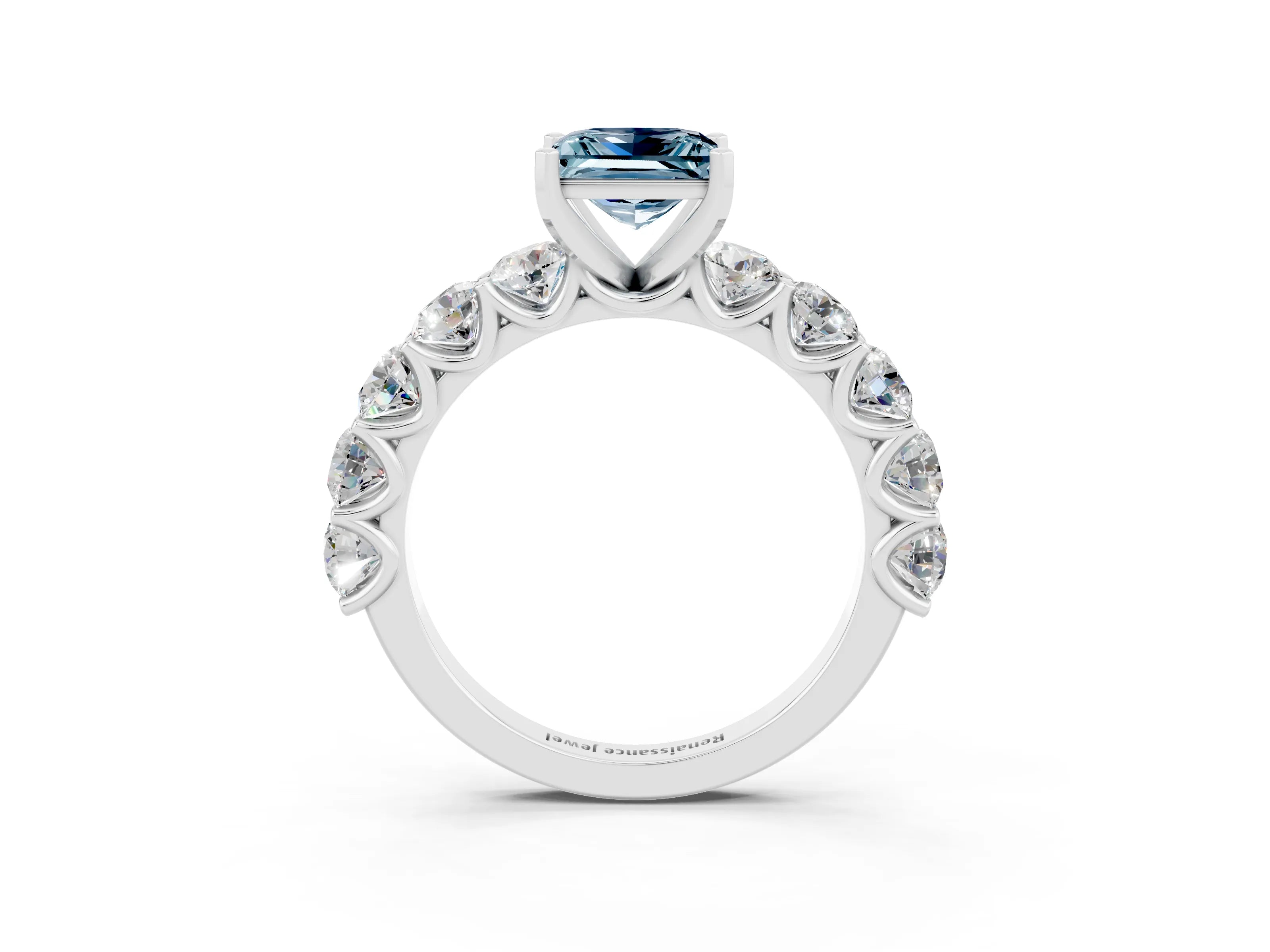White gold Princess Cut Aquamarine Prong Setting with Side Stones on a Pave Band_3