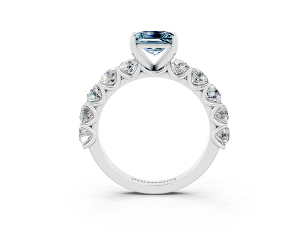 Silver Princess Cut Aquamarine Prong Setting with Side Stones on a Pave Band