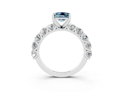 White gold Princess Cut Aquamarine Prong Setting with Side Stones on a Pave Band_3
