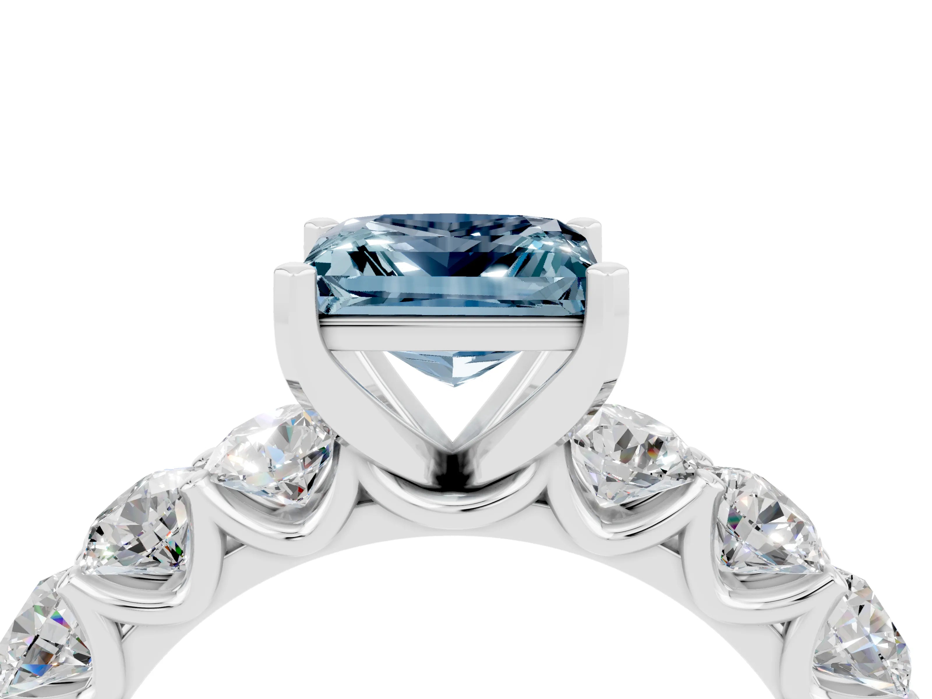 White gold Princess Cut Aquamarine Prong Setting with Side Stones on a Pave Band_4