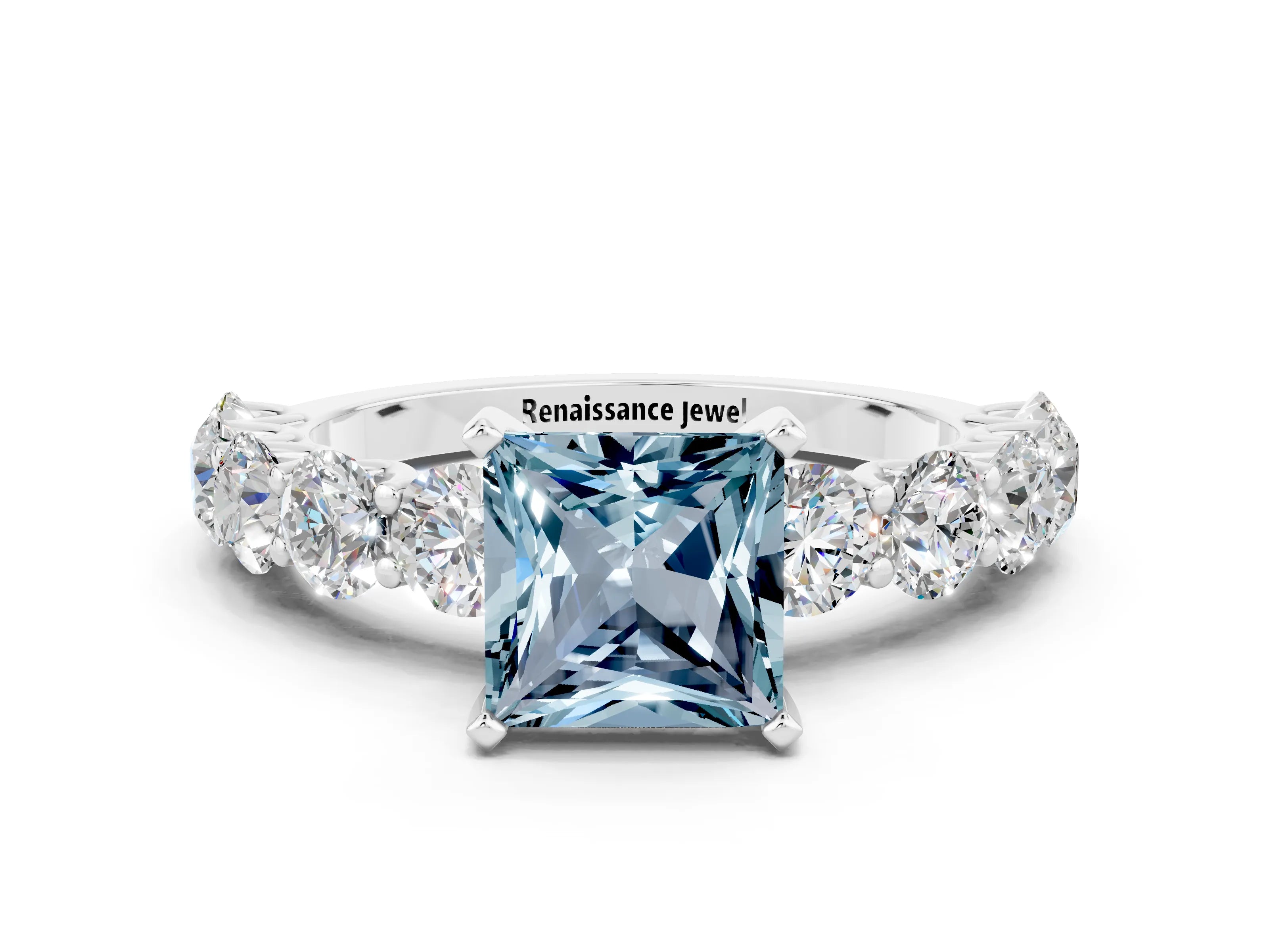 White gold Princess Cut Aquamarine Prong Setting with Side Stones on a Pave Band