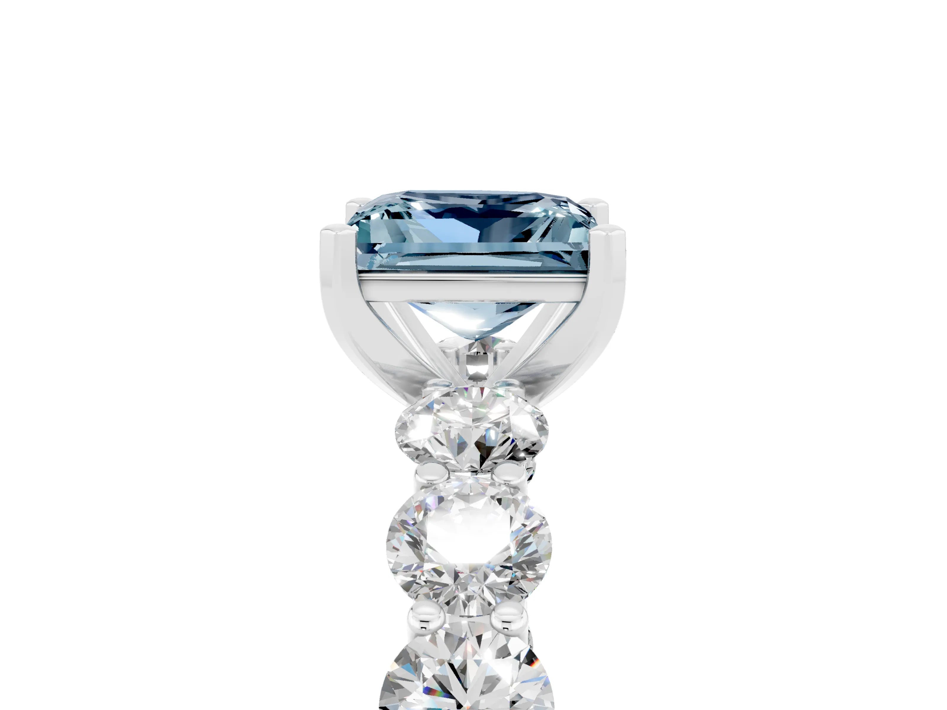 White gold Princess Cut Aquamarine Prong Setting with Side Stones on a Pave Band_5
