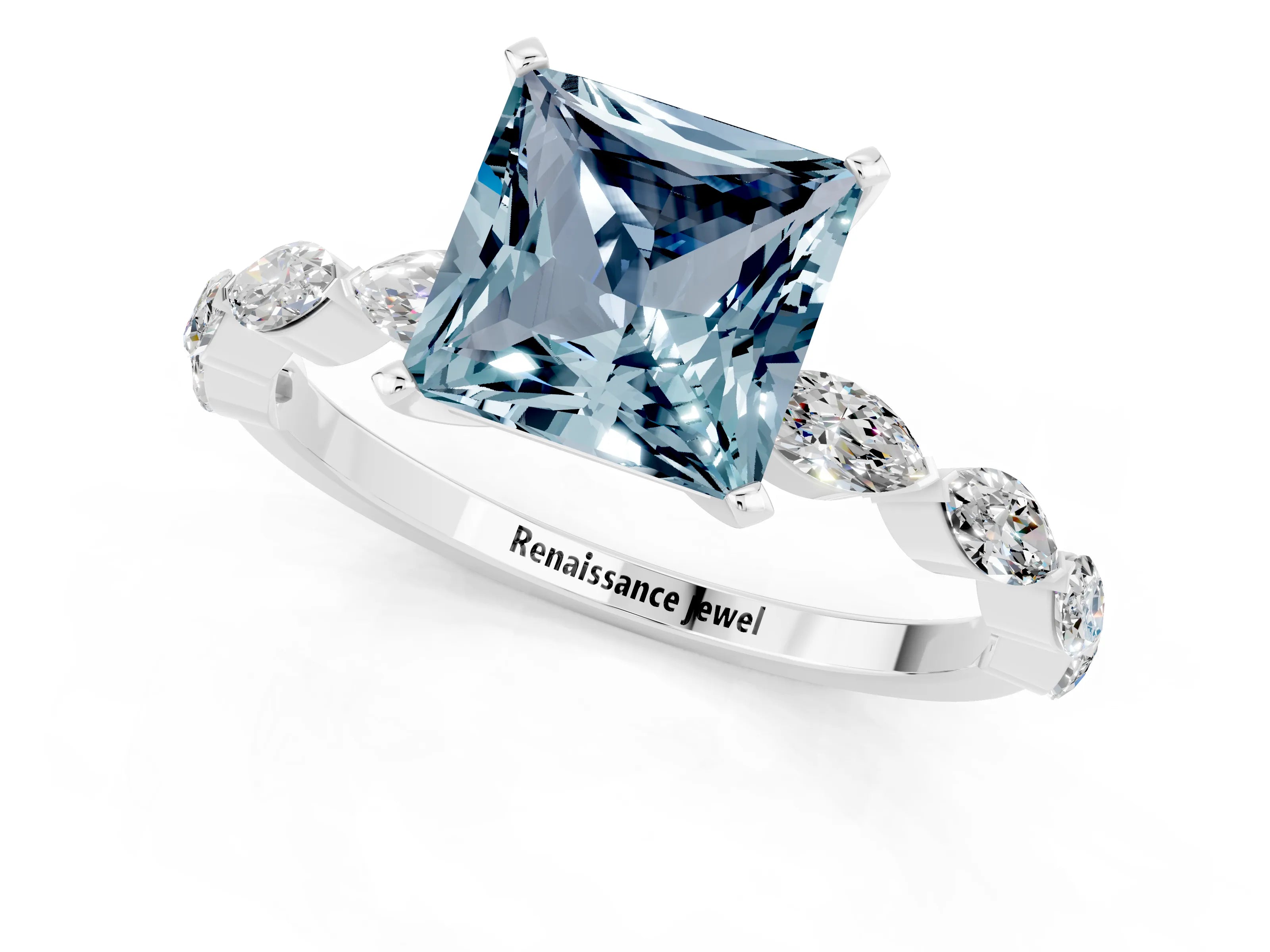 White gold Princess Cut Aquamarine Ring with Marquise Side Stones and Prong Setting_1