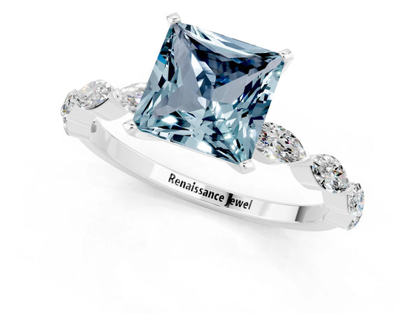 Platinum Princess Cut Aquamarine Ring with Marquise Side Stones and Prong Setting