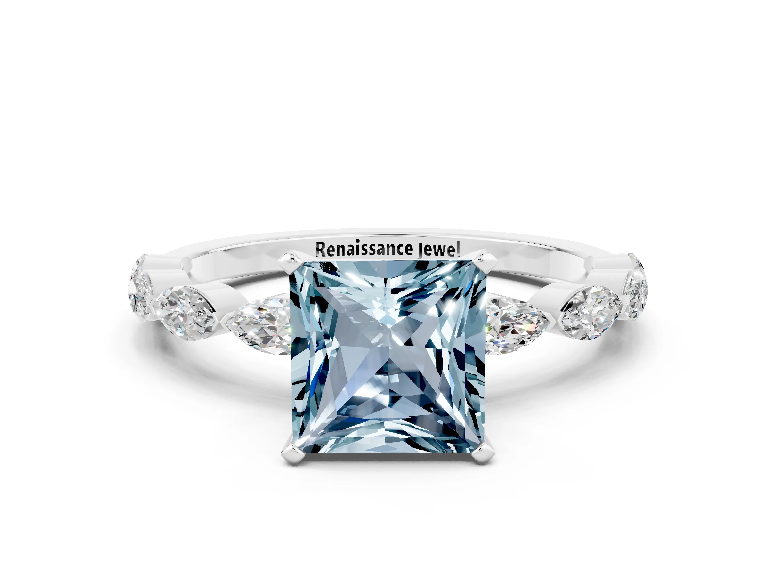 White gold Princess Cut Aquamarine Ring with Marquise Side Stones and Prong Setting